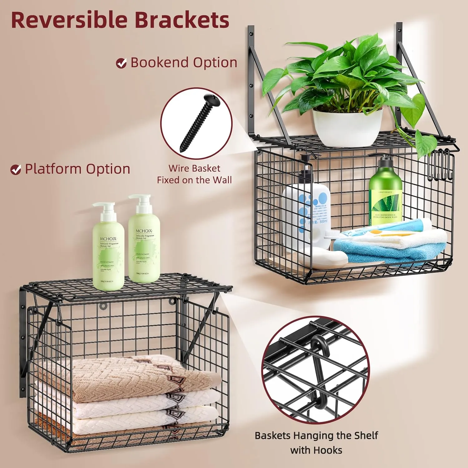 2 Pack Laundry Room Shelves, Wire Baskets with 8 Hooks, Over Washer and Dryer Shelf, Wall Mounted Storage and Clothes Drying Rack, Black