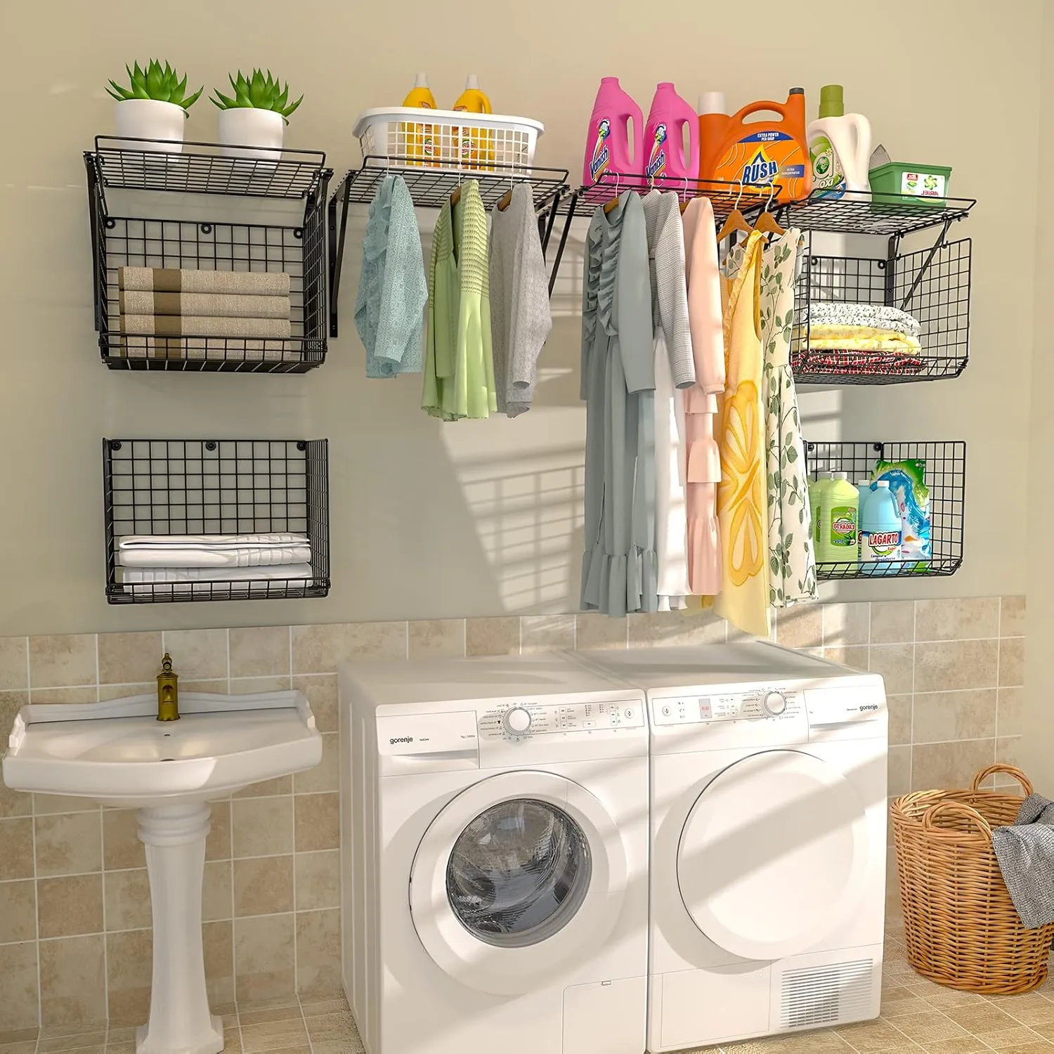 2 Pack Laundry Room Shelves, Wire Baskets with 8 Hooks, Over Washer and Dryer Shelf, Wall Mounted Storage and Clothes Drying Rack, Black