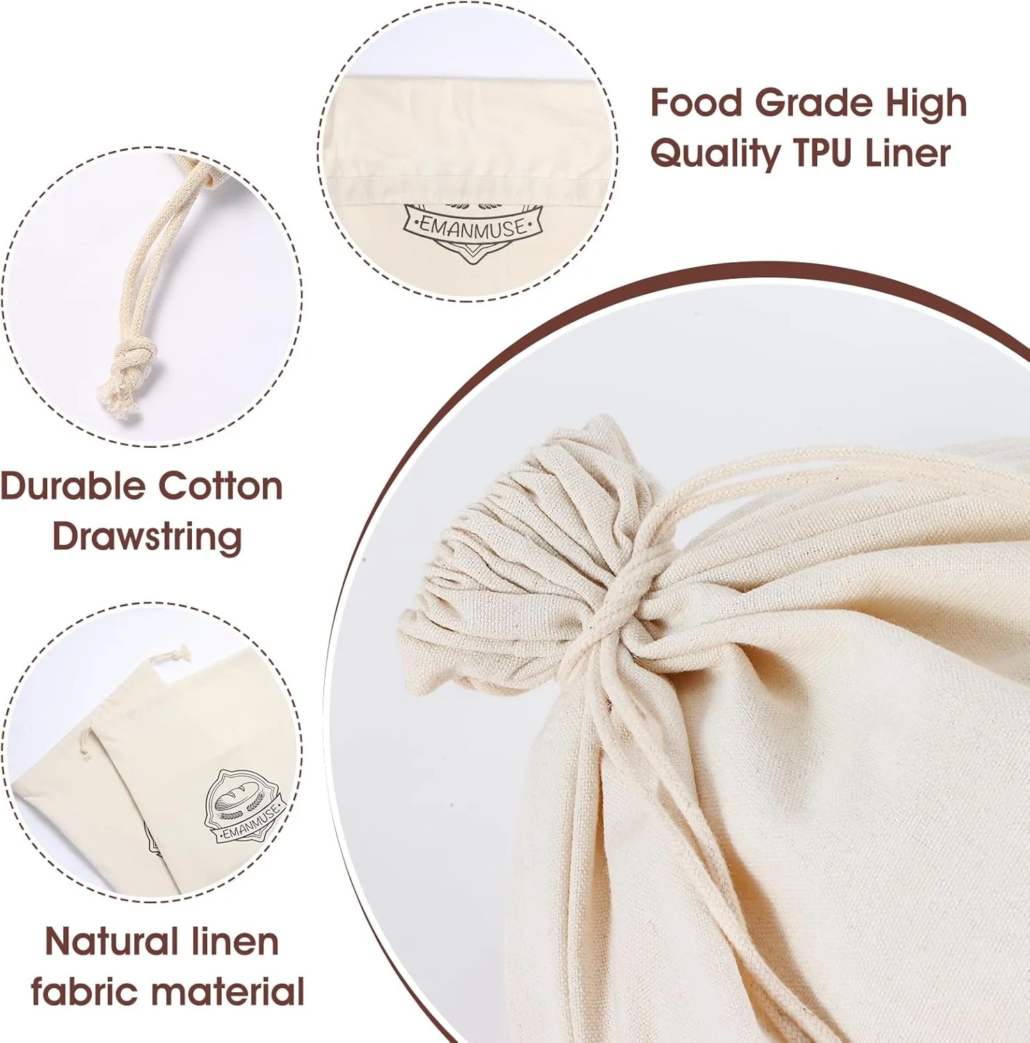 2-Pack Linen Bread Bags for Homemade Bread & Sourdough, 12x17.5 Inch Unbleached with TPU Lining - Reusable Washable Eco-Friendly Storage Bags (Farmhouse, Bakery, Artisan)