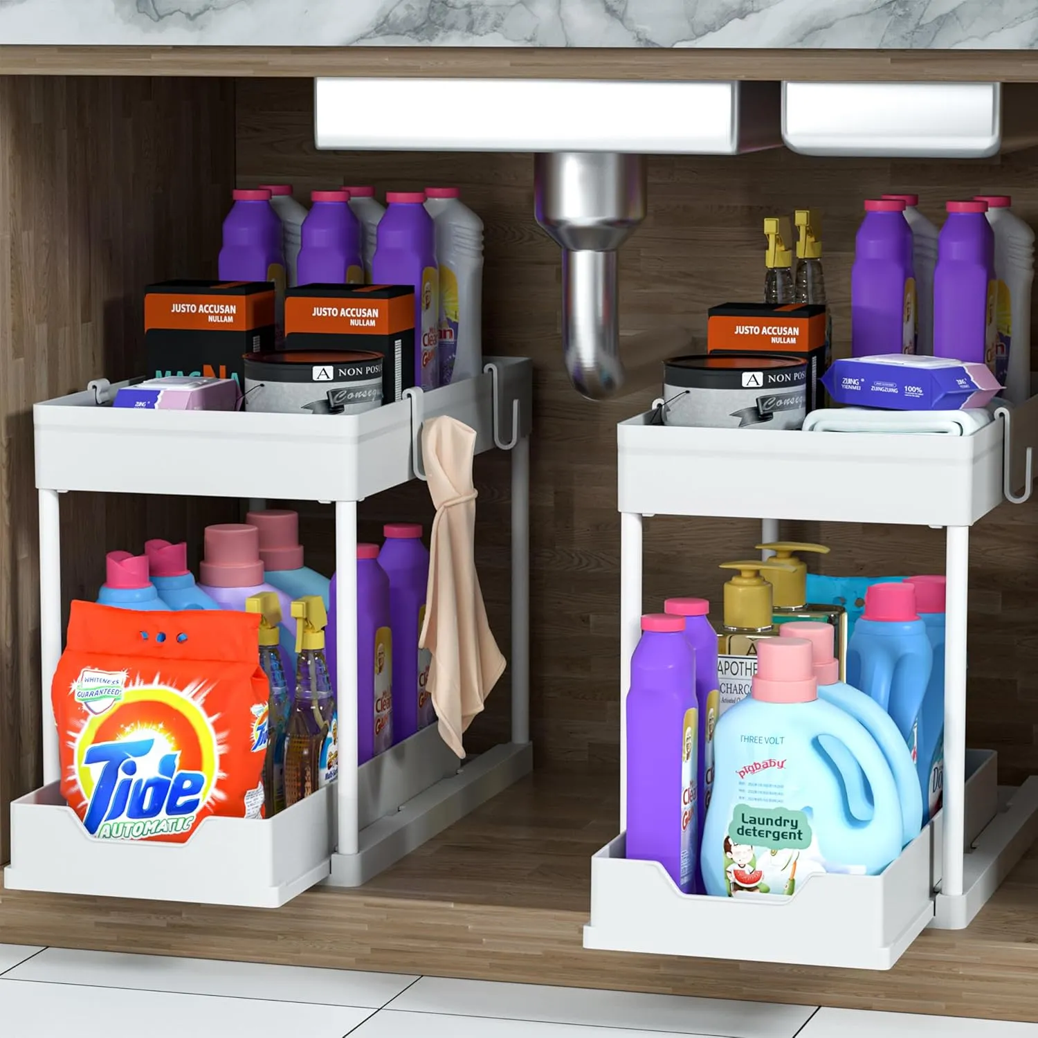 2 Pack Under Sink Organizer, 2 Tier Bathroom Cabinet Organizer with Sliding Basket, Multi-Purpose Under Sink Organizers and Storage for Bathroom Kitchen