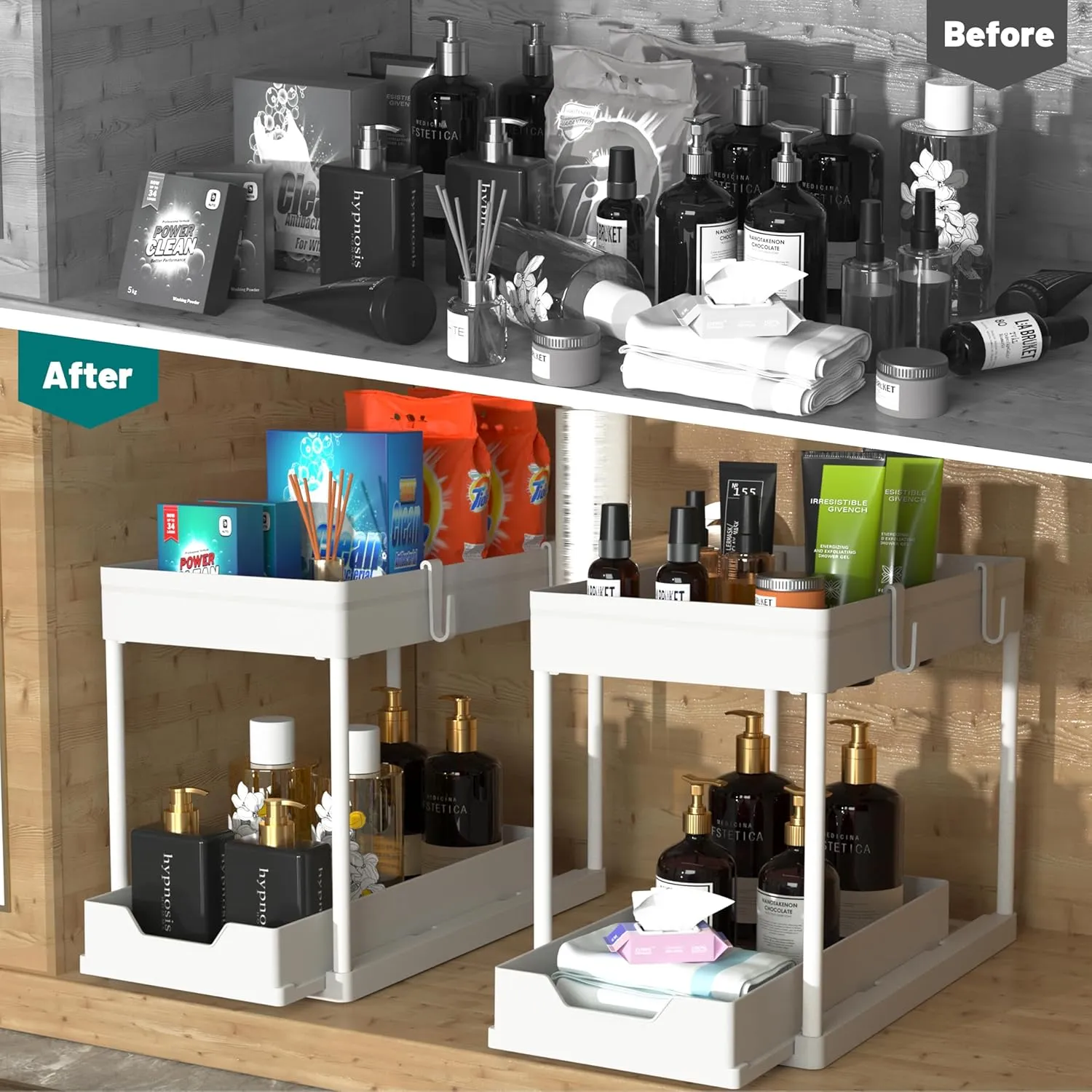 2 Pack Under Sink Organizer, 2 Tier Bathroom Cabinet Organizer with Sliding Basket, Multi-Purpose Under Sink Organizers and Storage for Bathroom Kitchen
