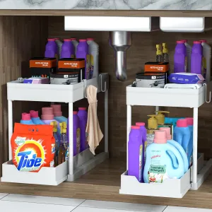 2 Pack Under Sink Organizer, 2 Tier Bathroom Cabinet Organizer with Sliding Basket, Multi-Purpose Under Sink Organizers and Storage for Bathroom Kitchen