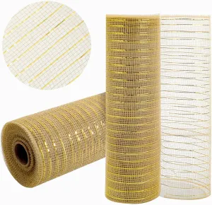 2 Rolls Champagne Deco Mesh Ribbon 10 in x 30 ft, Metallic Deco Mesh Rolls for Holiday Decorating DIY Wreath Supplies Christmas Tree Halloween Decoration Gift Wrapping,Floral