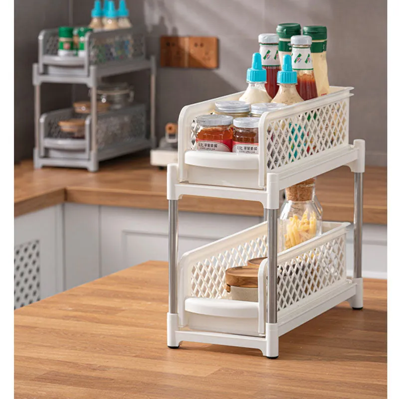 2 Tier Bathroom Kitchen Countertop Pull Out Cabinet Organiser