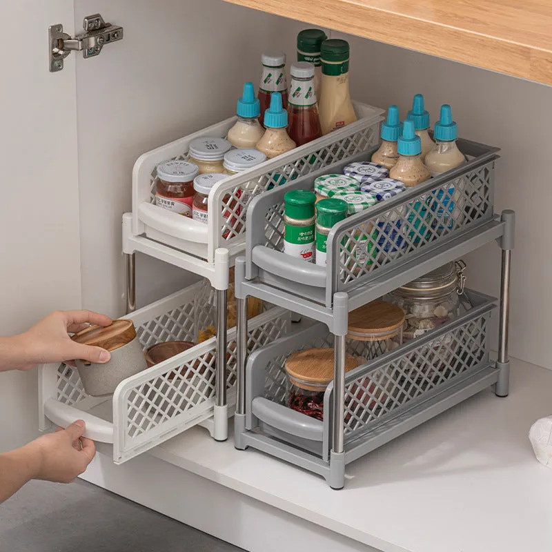 2 Tier Bathroom Kitchen Countertop Pull Out Cabinet Organiser