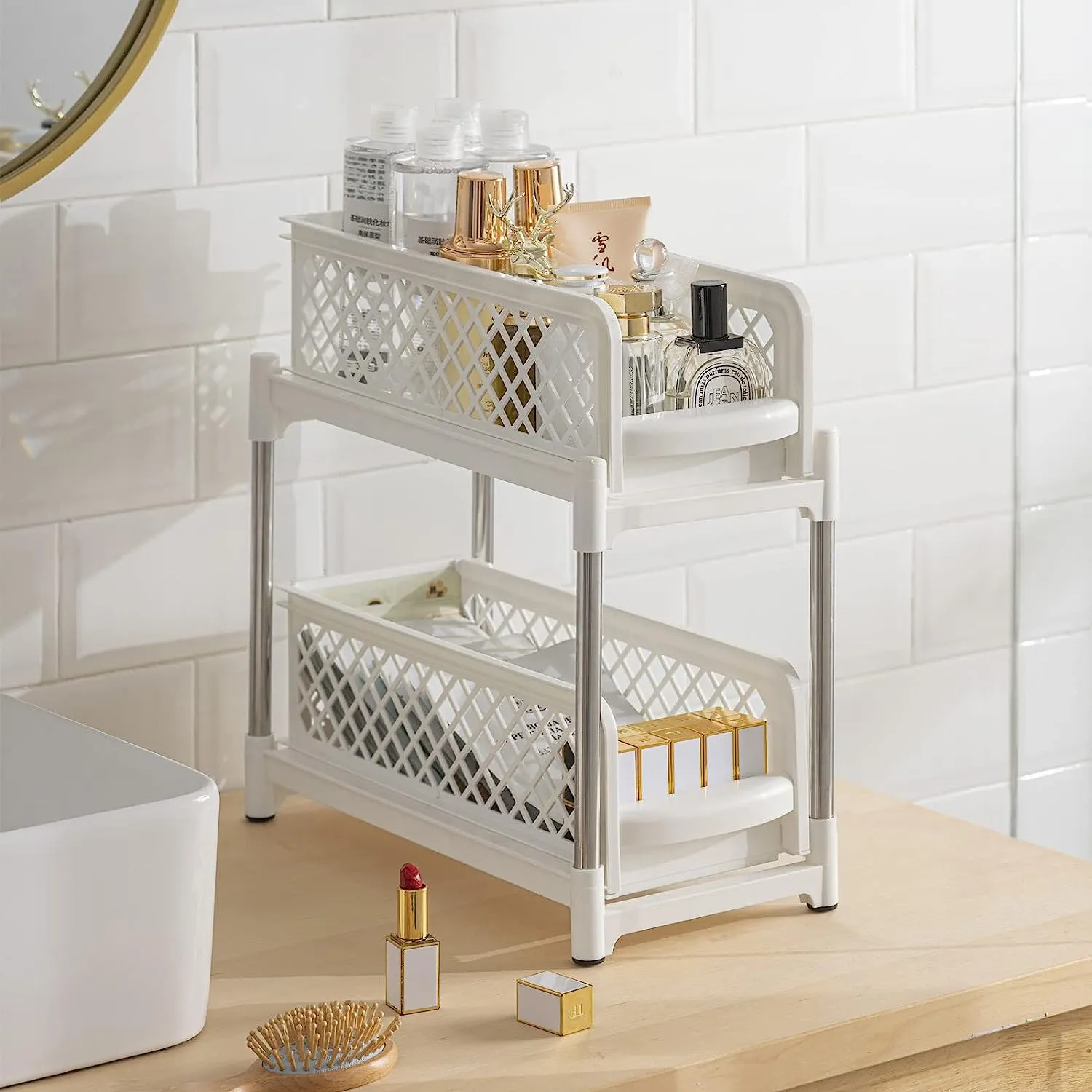 2 Tier Bathroom Kitchen Countertop Pull Out Cabinet Organiser