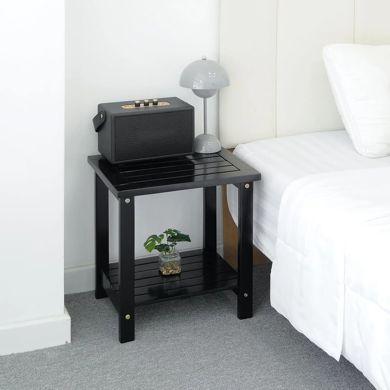 2-Tier Outdoor Side Table, Weather-Resistant End Table with Storage Shelf, Wooden Coffee Table for Indoor, Backyard, Garden, Bed, Living Room (Black)