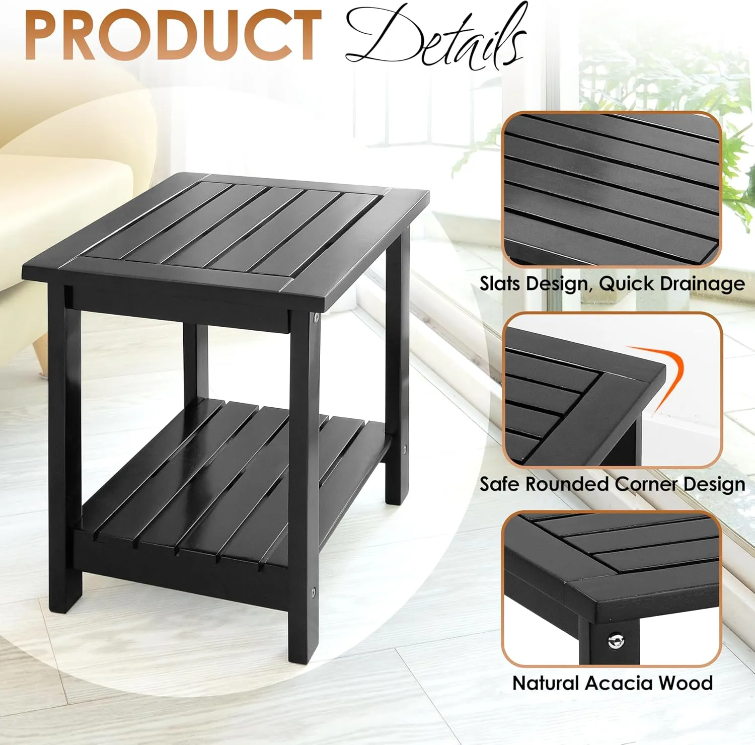 2-Tier Outdoor Side Table, Weather-Resistant End Table with Storage Shelf, Wooden Coffee Table for Indoor, Backyard, Garden, Bed, Living Room (Black)