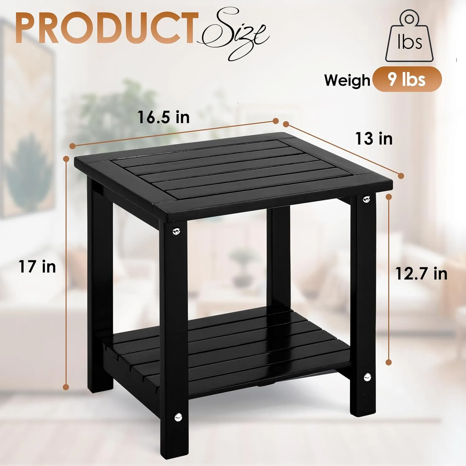 2-Tier Outdoor Side Table, Weather-Resistant End Table with Storage Shelf, Wooden Coffee Table for Indoor, Backyard, Garden, Bed, Living Room (Black)