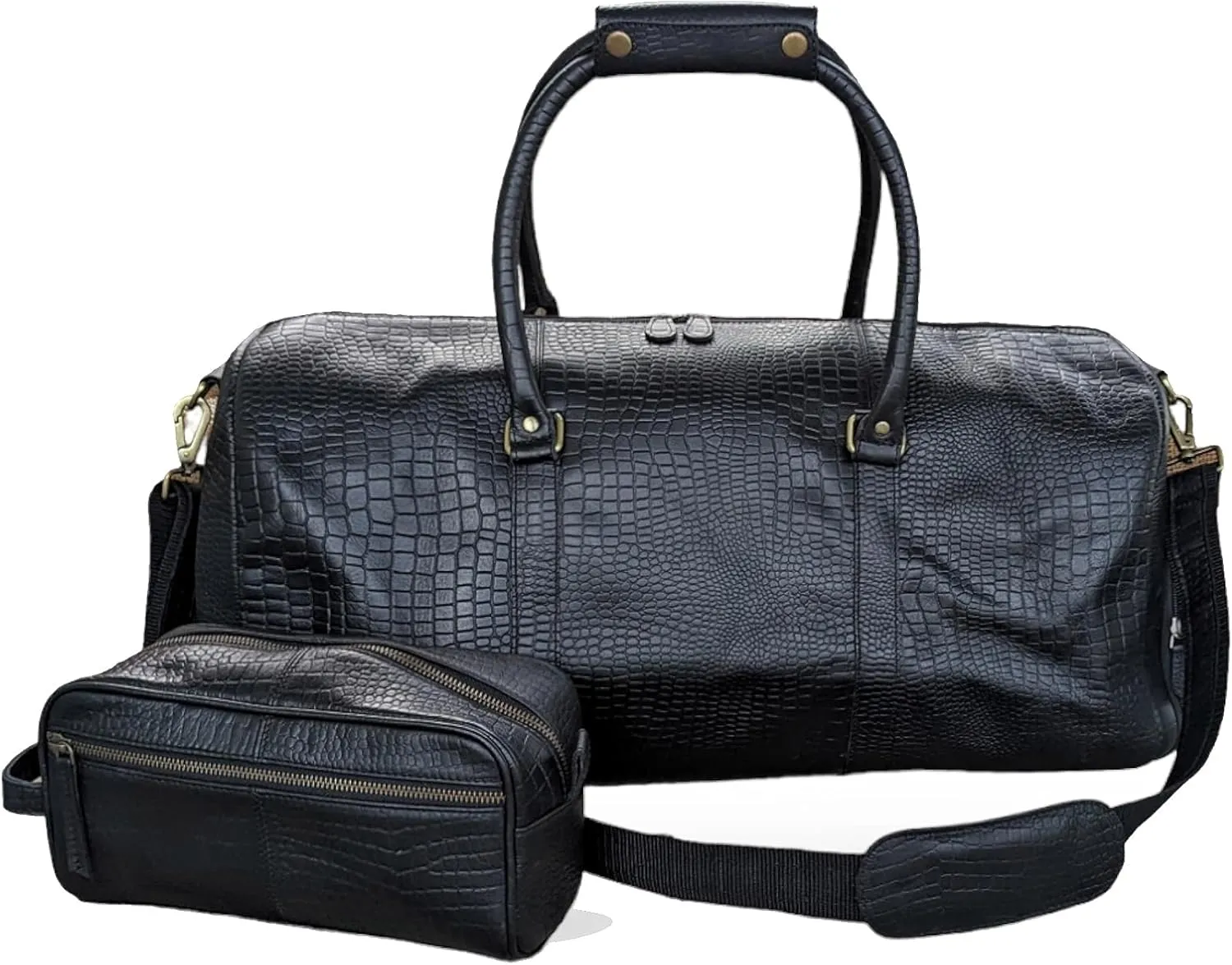 21" Leather Travel Duffel Bags for Men and Women with Toiletry Bag and Shoe Compartment Genuine Buffalo Leather Overnight Weekend Black Leather Vintage Luggage Sports Gym Duffle Bag