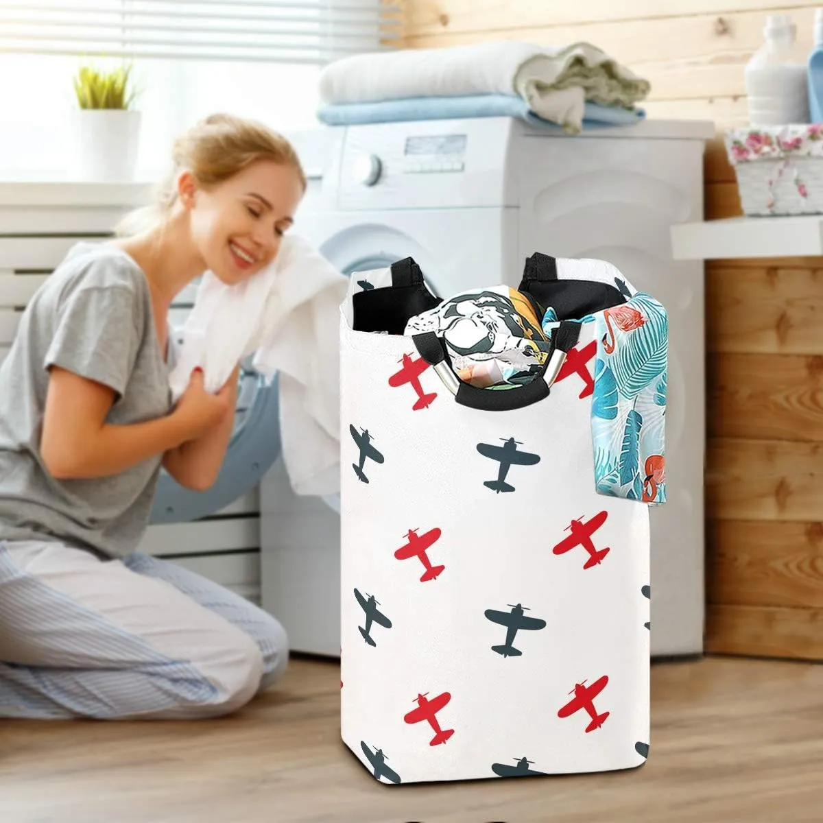 22.7" Colorful Airplanes Laundry Baskets Collapsible Waterproof Laundry Hampers Household Organizer Baskets with Handles