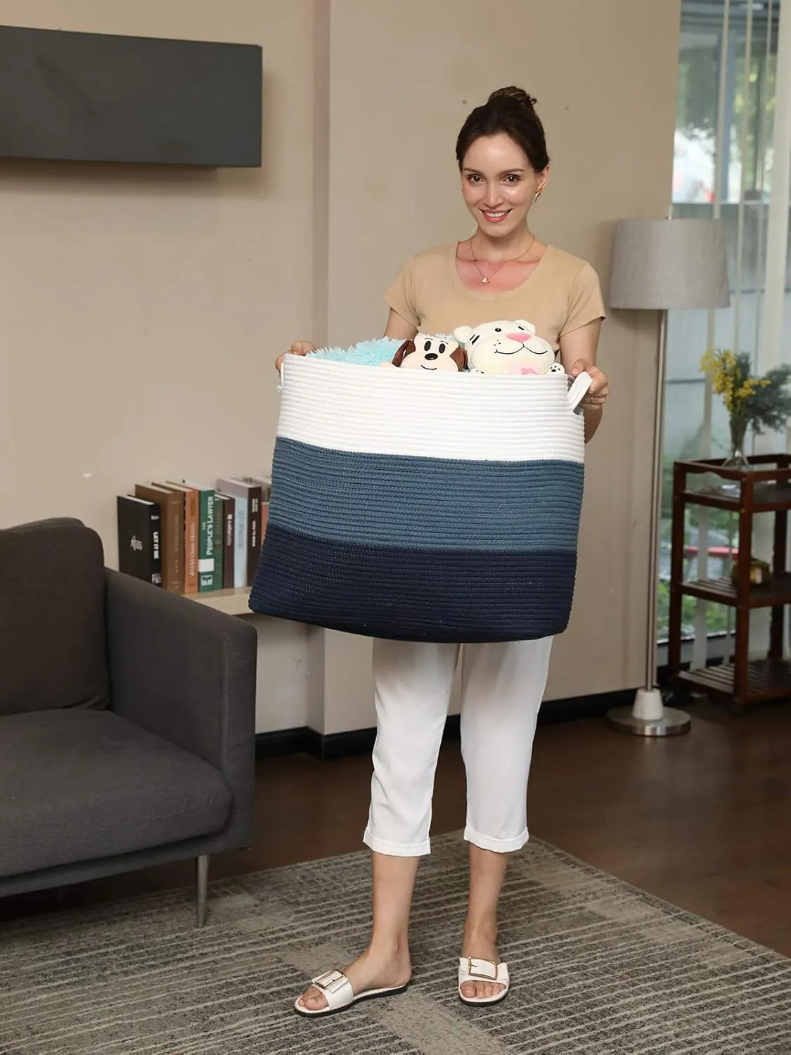 22"x14"x18" Mega Size Rectangular Extra Large Storage Basket, Rectangular Cotton Rope Storage Baskets, Woven Laundry Hamper, Cloth Storage Bin, for Clothes Blanket in Living Room, Dark Blue/Deep Blue