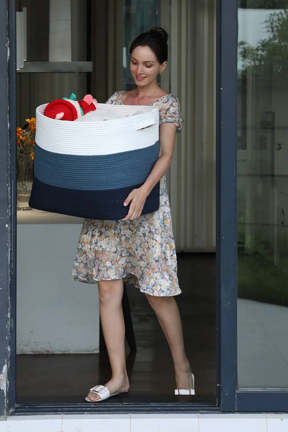 22"x14"x18" Mega Size Rectangular Extra Large Storage Basket, Rectangular Cotton Rope Storage Baskets, Woven Laundry Hamper, Cloth Storage Bin, for Clothes Blanket in Living Room, Dark Blue/Deep Blue