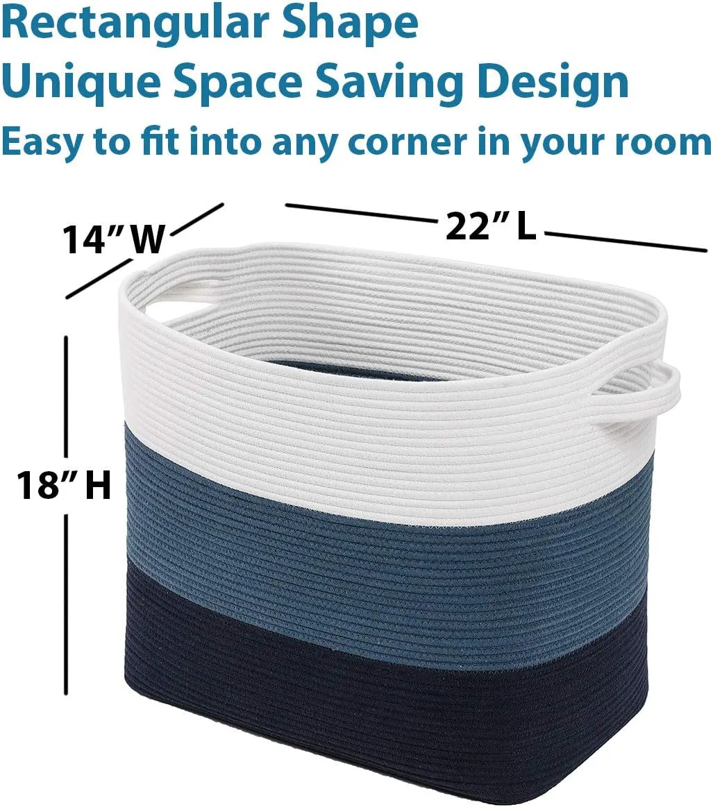 22"x14"x18" Mega Size Rectangular Extra Large Storage Basket, Rectangular Cotton Rope Storage Baskets, Woven Laundry Hamper, Cloth Storage Bin, for Clothes Blanket in Living Room, Dark Blue/Deep Blue