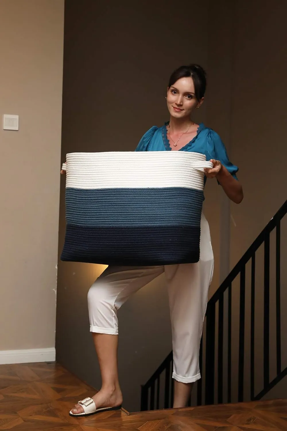 22"x14"x18" Mega Size Rectangular Extra Large Storage Basket, Rectangular Cotton Rope Storage Baskets, Woven Laundry Hamper, Cloth Storage Bin, for Clothes Blanket in Living Room, Dark Blue/Deep Blue