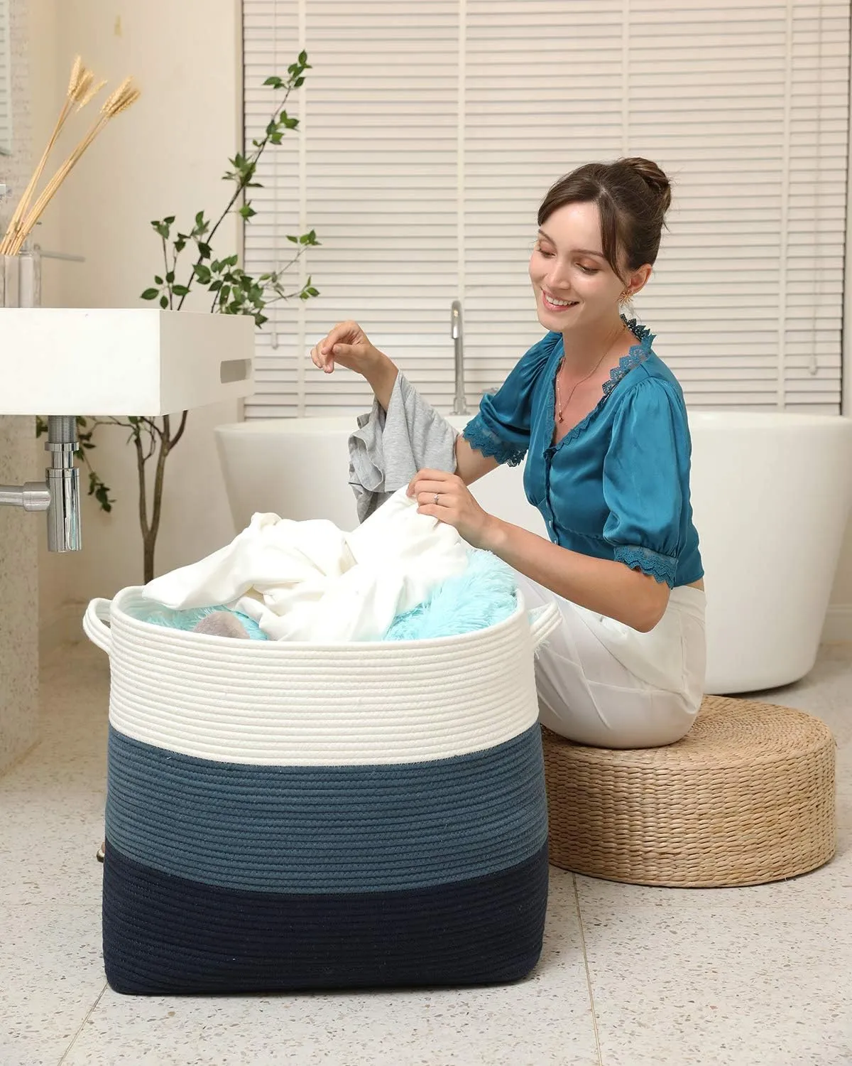 22"x14"x18" Mega Size Rectangular Extra Large Storage Basket, Rectangular Cotton Rope Storage Baskets, Woven Laundry Hamper, Cloth Storage Bin, for Clothes Blanket in Living Room, Dark Blue/Deep Blue