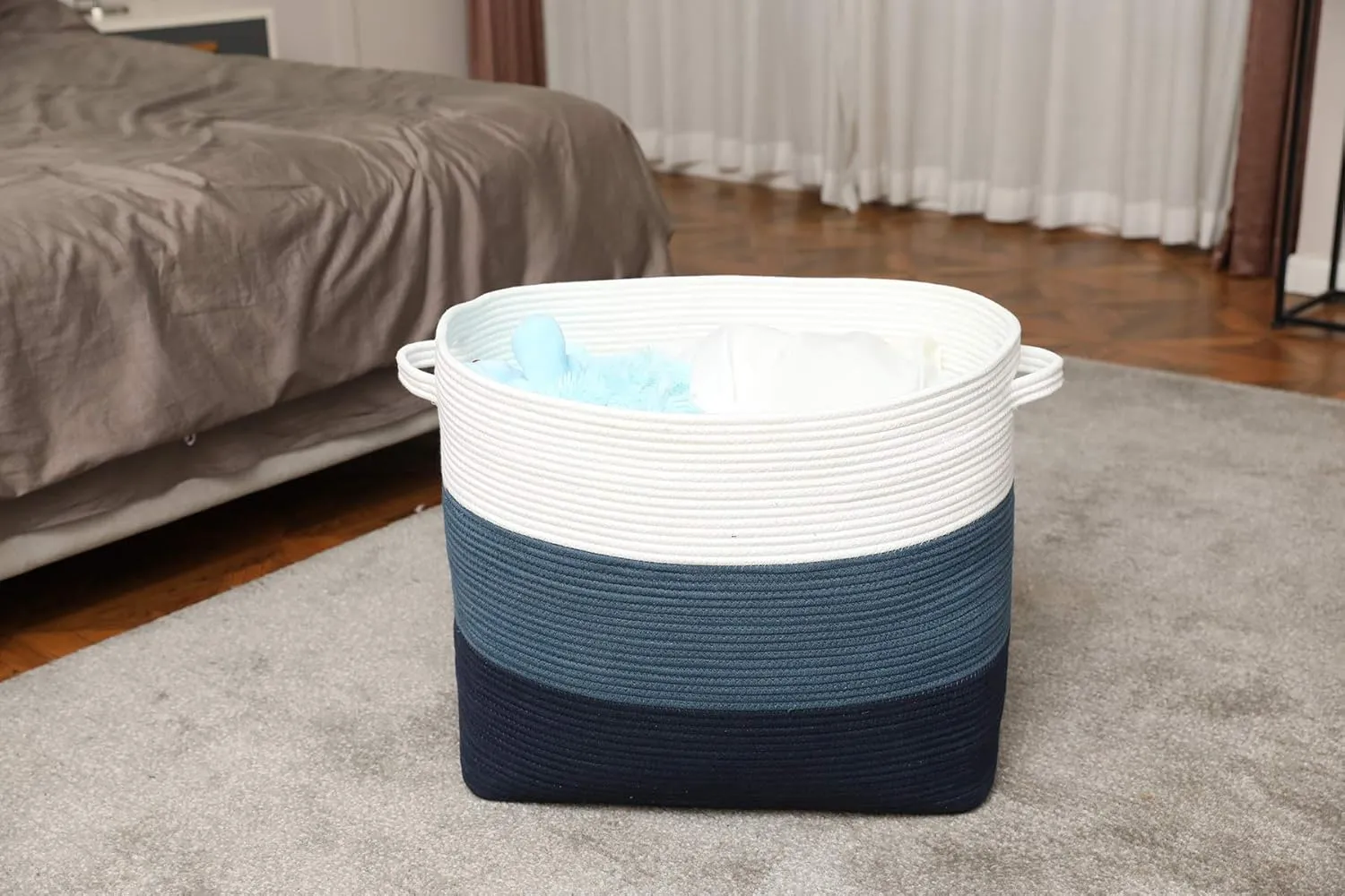 22"x14"x18" Mega Size Rectangular Extra Large Storage Basket, Rectangular Cotton Rope Storage Baskets, Woven Laundry Hamper, Cloth Storage Bin, for Clothes Blanket in Living Room, Dark Blue/Deep Blue