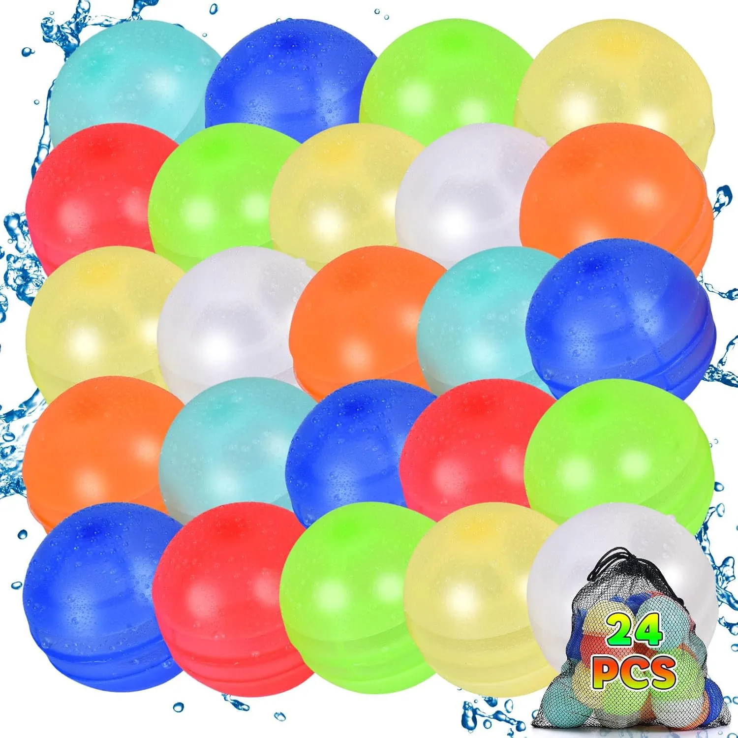 24PCS Reusable Water Balloons, Self-Sealing Silicone Water Bomb with Mesh Bag, Refillable Water Balls for Boys and Girls, Outdoor Summer Water Toys Pool Beach Park Yard