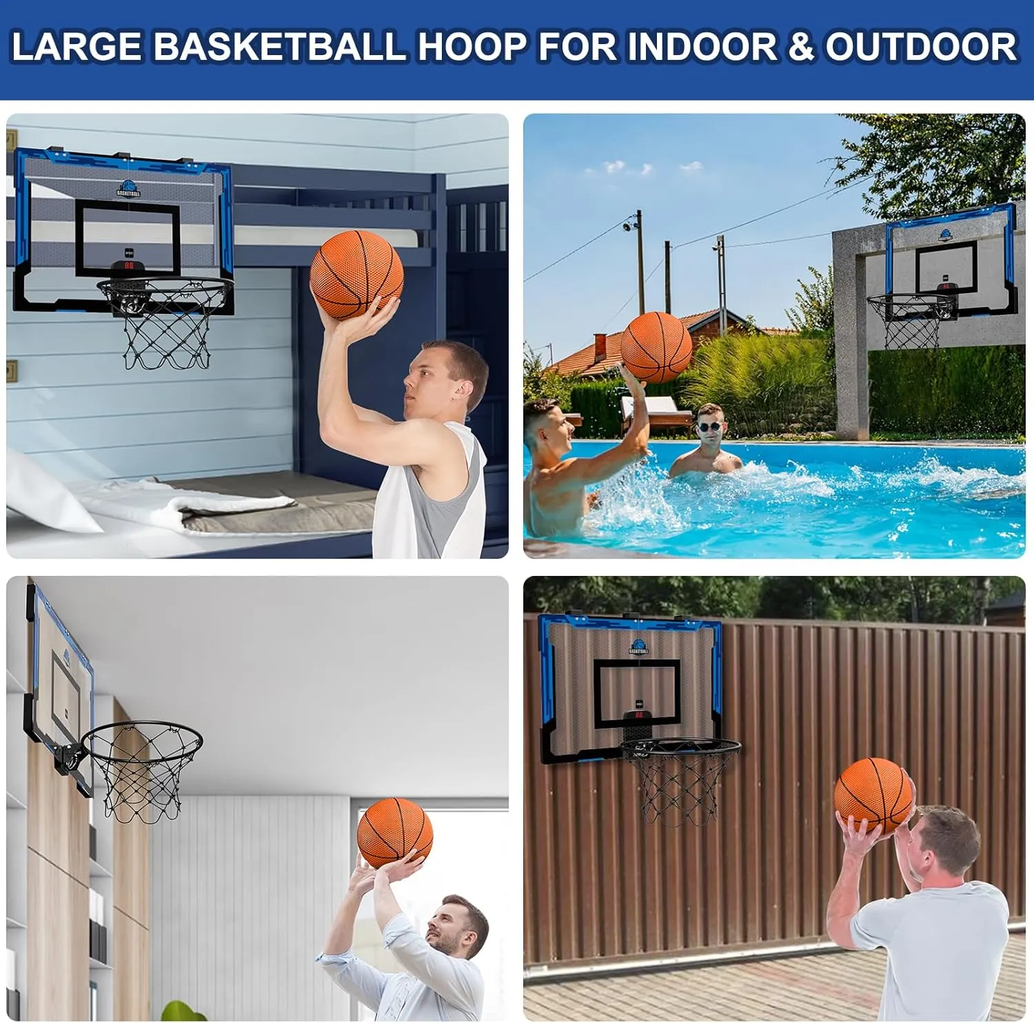 24" x 16" Large Basketball Hoop Indoor for Adults, Over The Door Basketball Hoop with Sturdy Backboard, Big Basketball Toys Gifts Ideas for Man Kids Teens Boys Girls, Blue