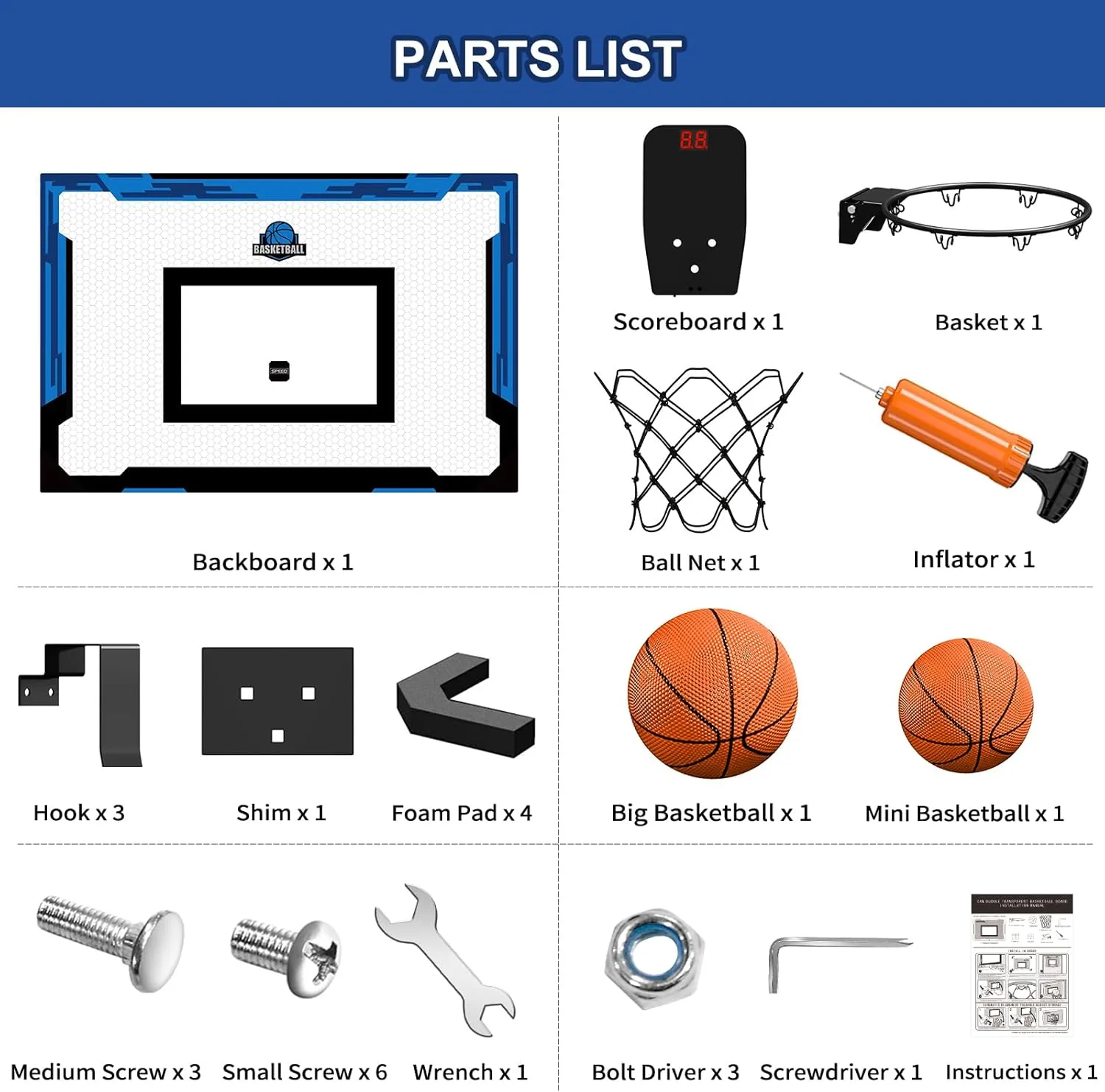 24" x 16" Large Basketball Hoop Indoor for Adults, Over The Door Basketball Hoop with Sturdy Backboard, Big Basketball Toys Gifts Ideas for Man Kids Teens Boys Girls, Blue