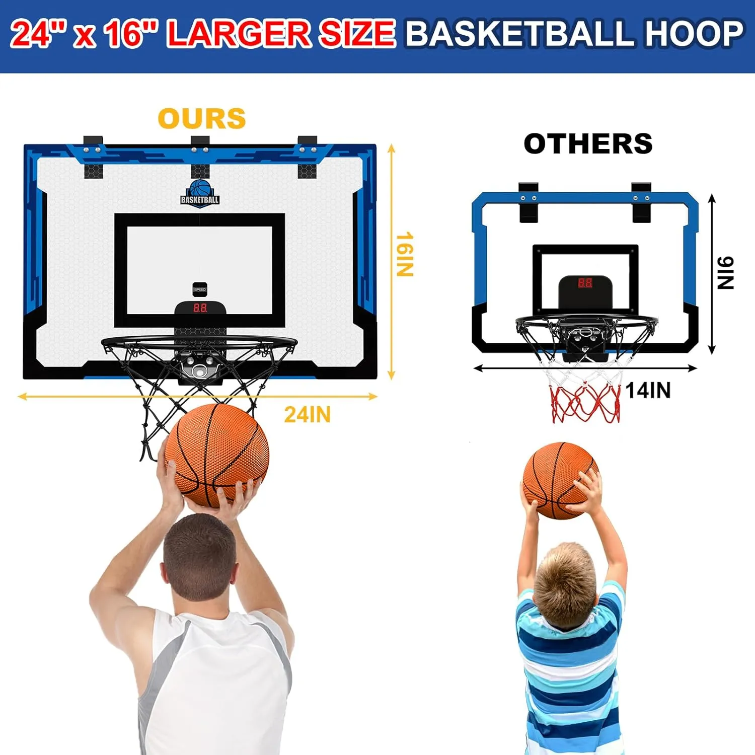 24" x 16" Large Basketball Hoop Indoor for Adults, Over The Door Basketball Hoop with Sturdy Backboard, Big Basketball Toys Gifts Ideas for Man Kids Teens Boys Girls, Blue
