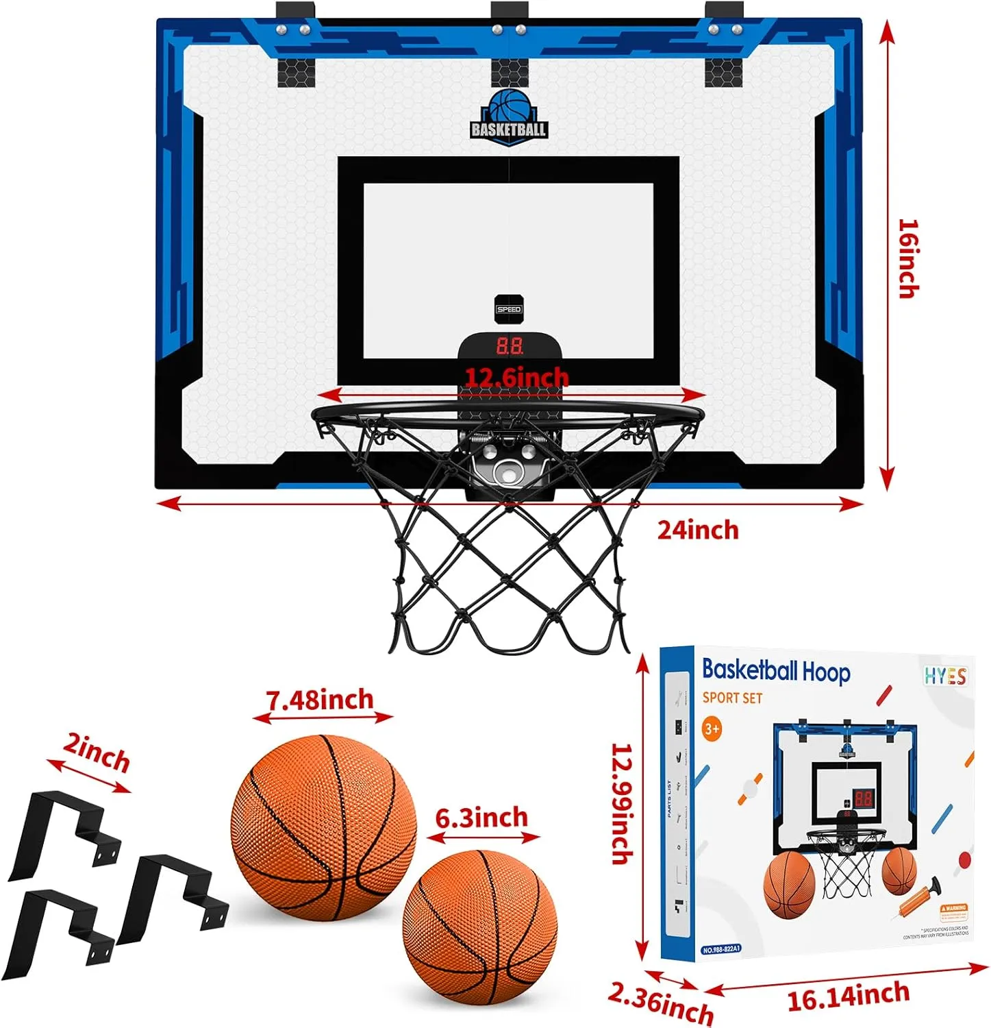 24" x 16" Large Basketball Hoop Indoor for Adults, Over The Door Basketball Hoop with Sturdy Backboard, Big Basketball Toys Gifts Ideas for Man Kids Teens Boys Girls, Blue