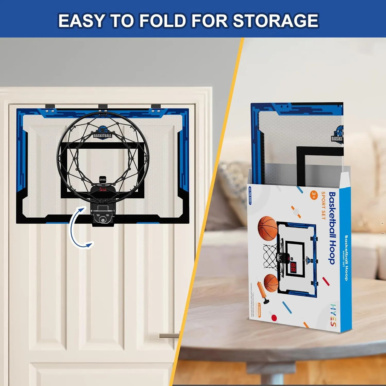 24" x 16" Large Basketball Hoop Indoor for Adults, Over The Door Basketball Hoop with Sturdy Backboard, Big Basketball Toys Gifts Ideas for Man Kids Teens Boys Girls, Blue