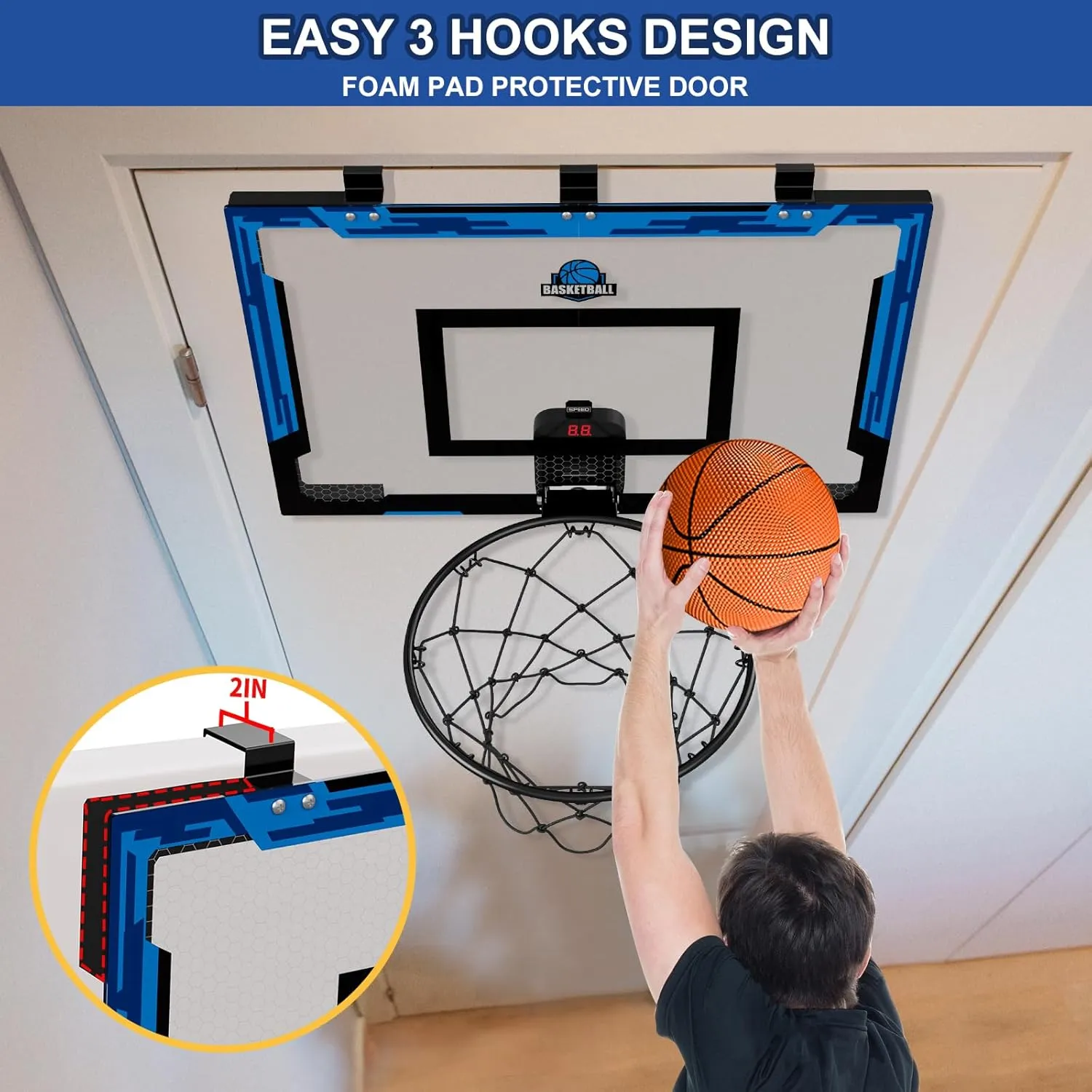 24" x 16" Large Basketball Hoop Indoor for Adults, Over The Door Basketball Hoop with Sturdy Backboard, Big Basketball Toys Gifts Ideas for Man Kids Teens Boys Girls, Blue