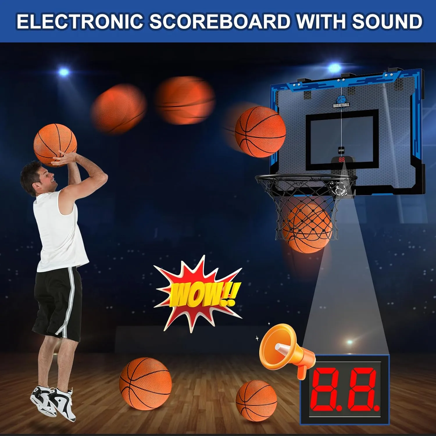 24" x 16" Large Basketball Hoop Indoor for Adults, Over The Door Basketball Hoop with Sturdy Backboard, Big Basketball Toys Gifts Ideas for Man Kids Teens Boys Girls, Blue