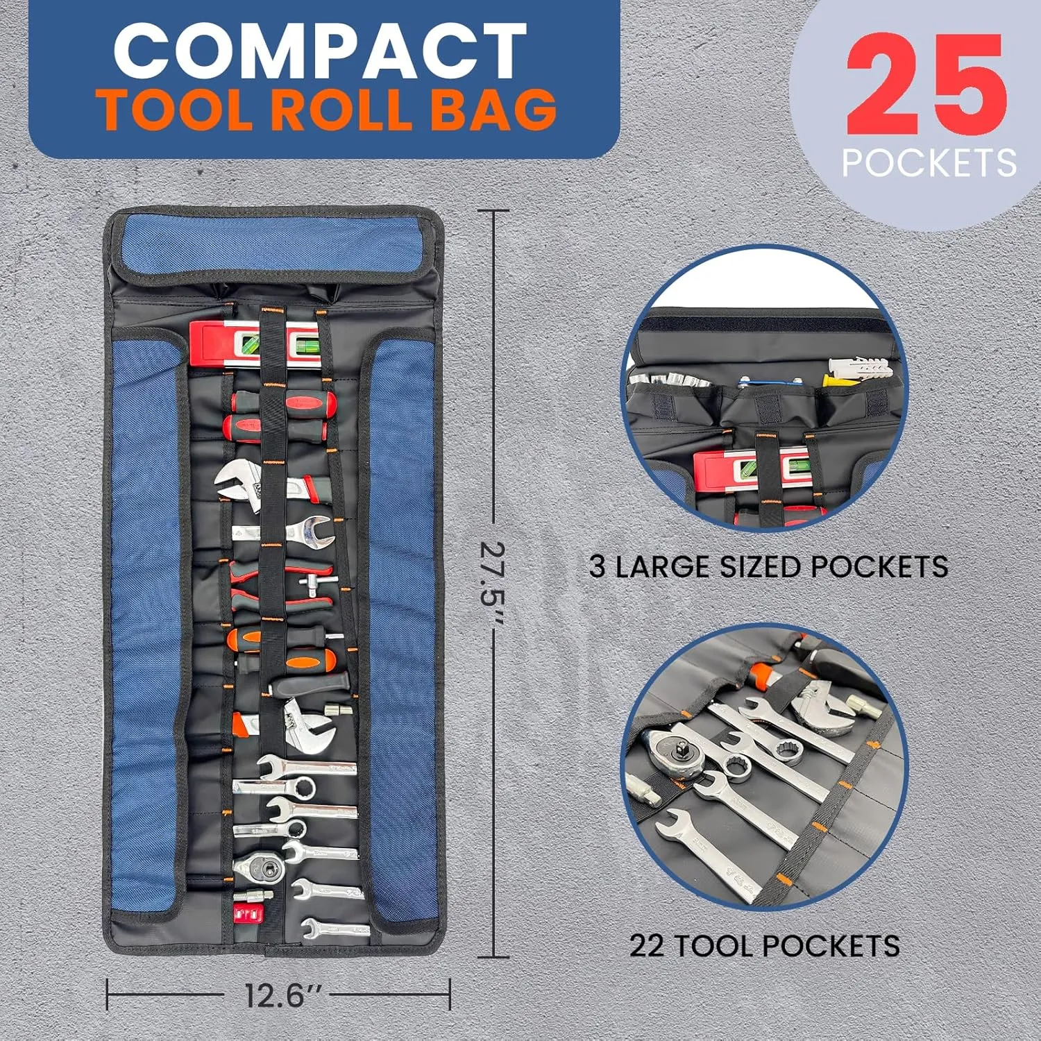 25 Pocket Tool Roll Organizers,1680D PVC Wrench Tool Roll up Bag,Heavy Duty Roll Up Tool Bag Organize for Electrician，Carpenter，Mechanic or Hobbyist (Sapphire Special Edition)