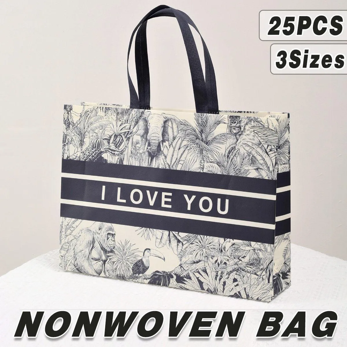 25x Fashion Non Woven Tote Bags Reusable Shopping Bags Clothing Store Black and White