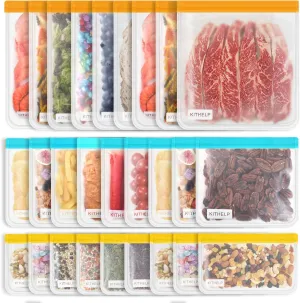 27 Pack Reusable Storage Bags - BPA Free, Leak-Proof Freezer Bags (9 Gallon, 9 Sandwich, 9 Snack) Washable Eco-Friendly Lunch Bags