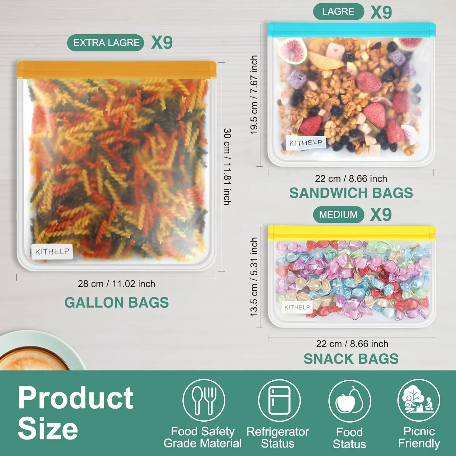 27 Pack Reusable Storage Bags - BPA Free, Leak-Proof Freezer Bags (9 Gallon, 9 Sandwich, 9 Snack) Washable Eco-Friendly Lunch Bags