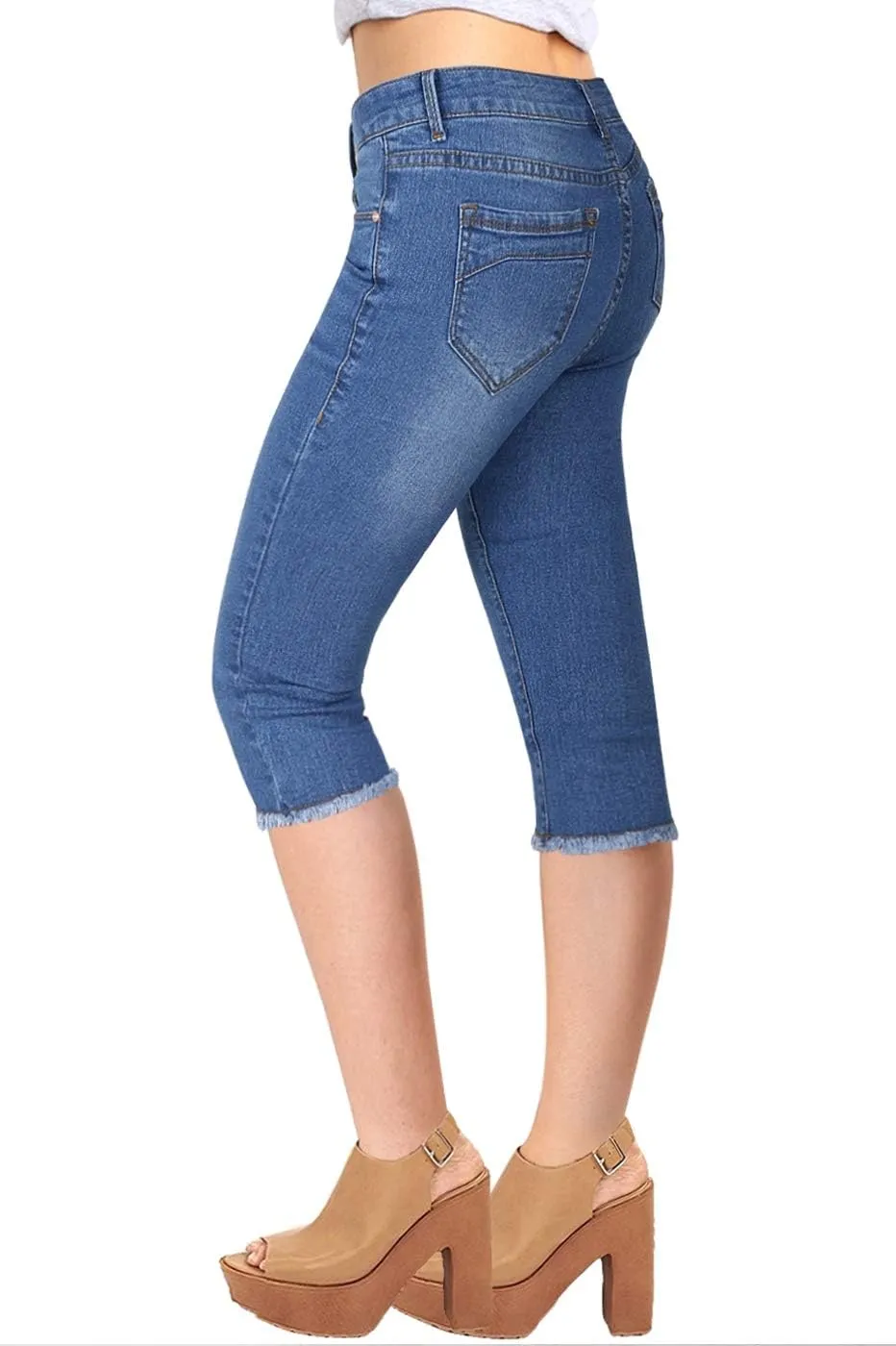 2LUV Women's Stretchy 5 Pocket Skinny Mid Rise Capri Ripped Denim Jeans