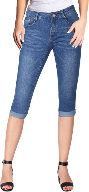 2LUV Women's Stretchy 5 Pocket Skinny Mid Rise Capri Ripped Denim Jeans