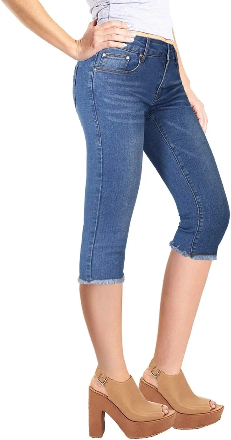 2LUV Women's Stretchy 5 Pocket Skinny Mid Rise Capri Ripped Denim Jeans