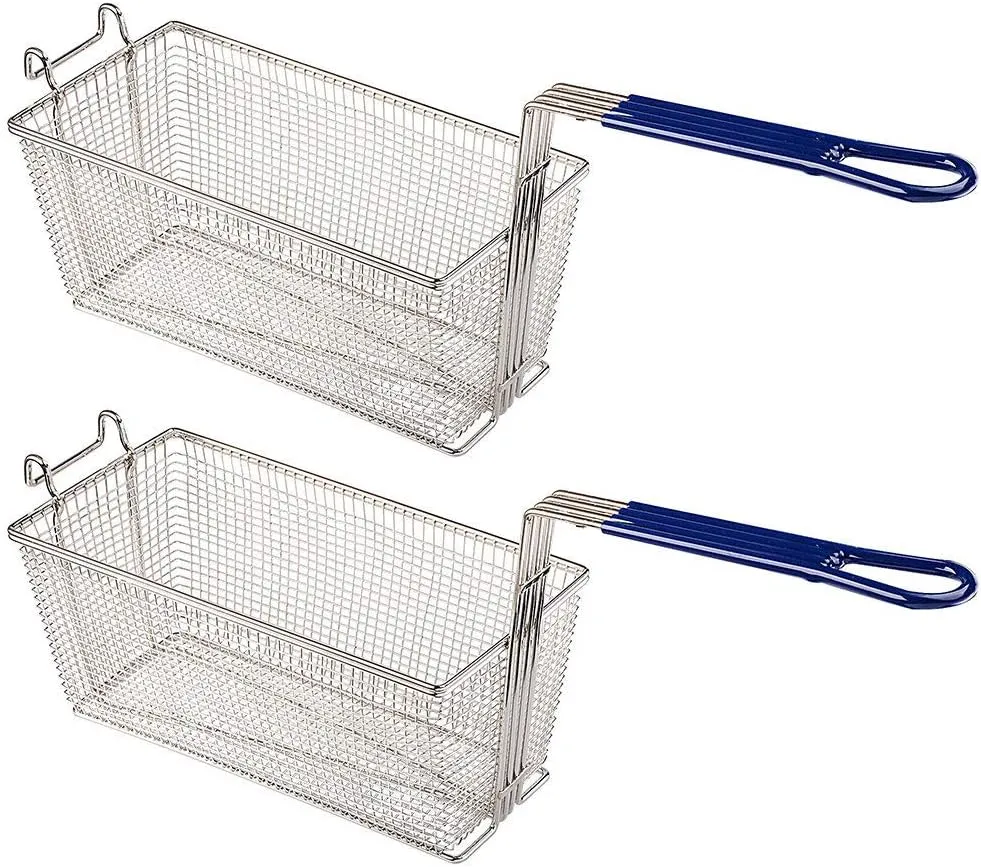 2PCS Deep Fryer Basket With Non-Slip Handle Heavy Duty Nickel Plated Iron Construction 13 1/4" x 6 1/2" x 6" Commercial Use