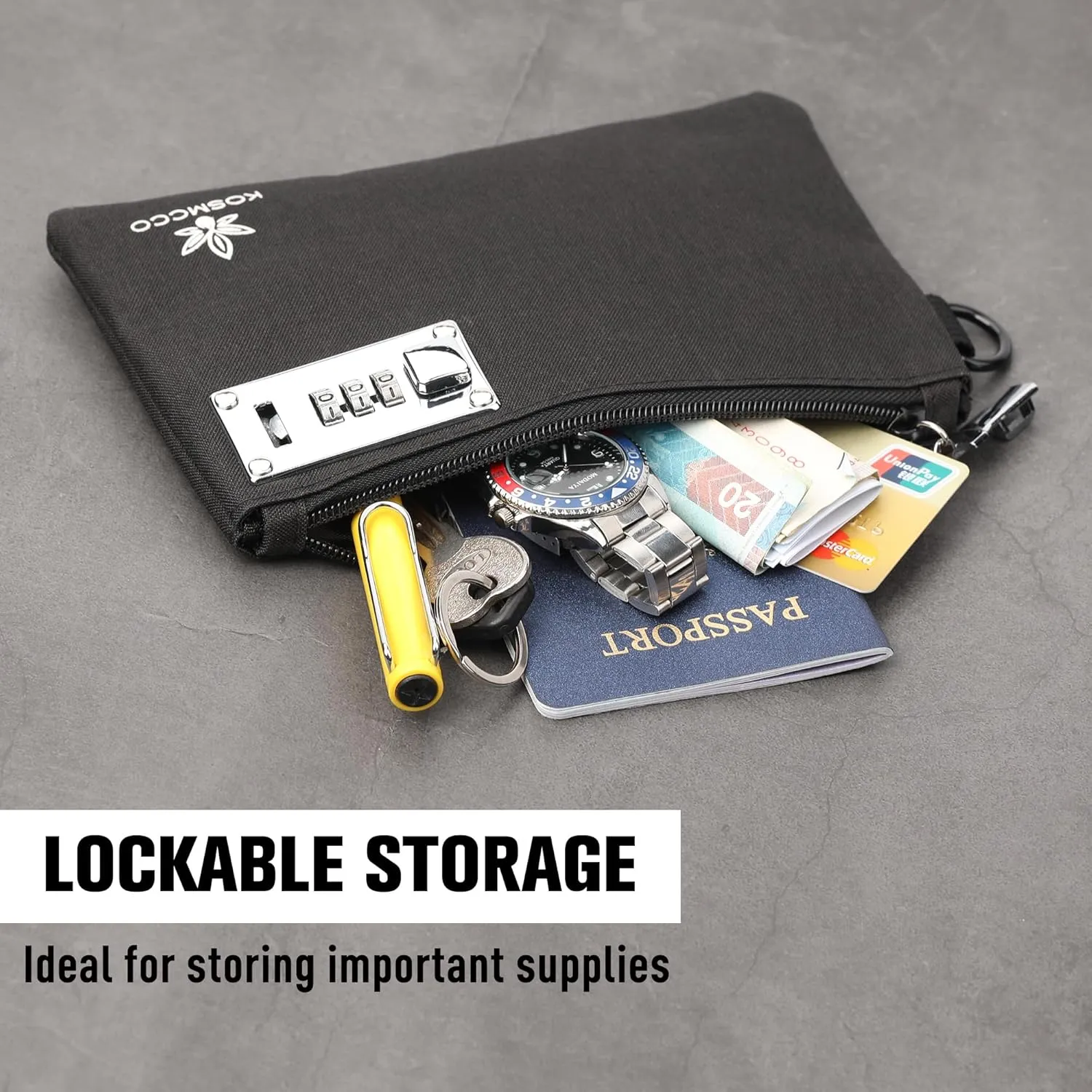 2Pcs Lockable Money Bag - 5x8 Inches Durable Nylon Locking Bank Bag Coin Purse for Cash, Jewelry, Passports, Medicine, Credit Cards and Valuable Storage Cash Pouch (Black & Grey)