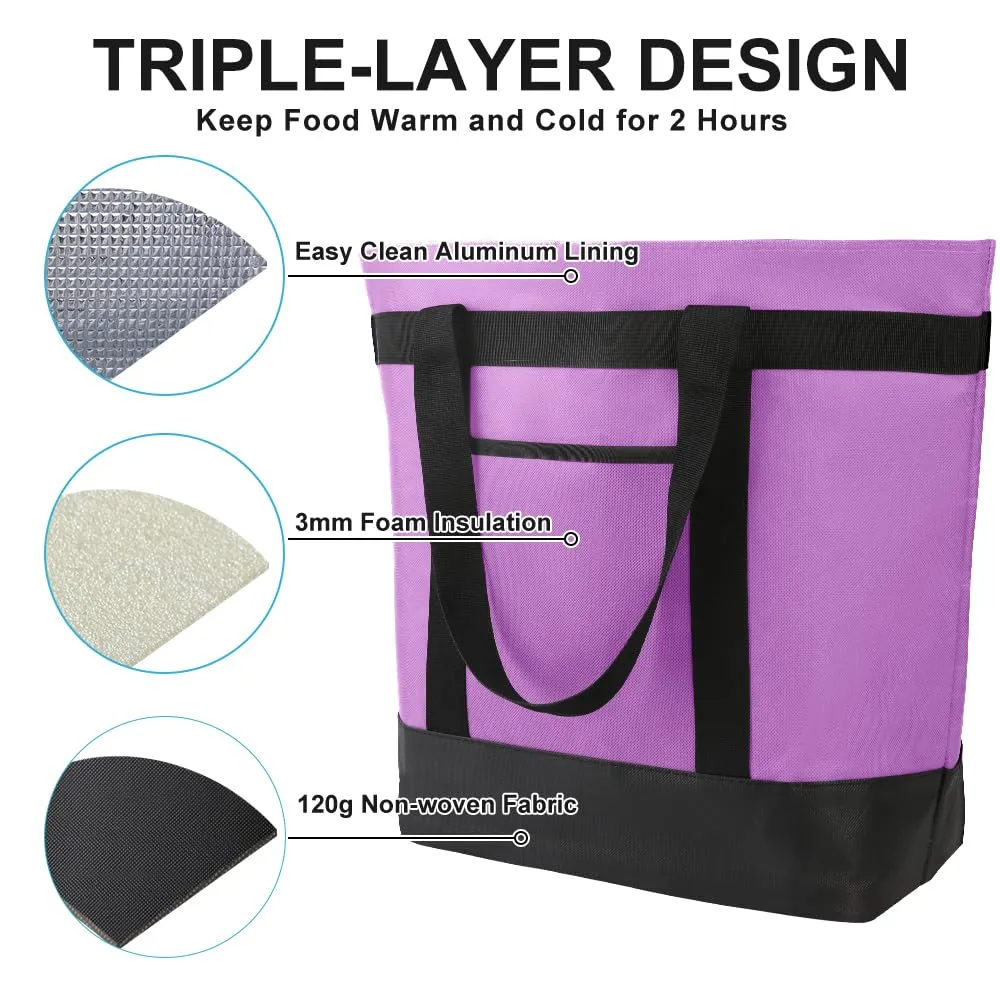 2Pk Insulated Reusable Tote Bag for Grocery Shopping for Women/Men, Pizza/Food Delivery Bag to Keep Food Cold/Hot for Uber Eats/Doordash/Grubub, Cooler bags for Travel/Beach/Picnic, Lavender