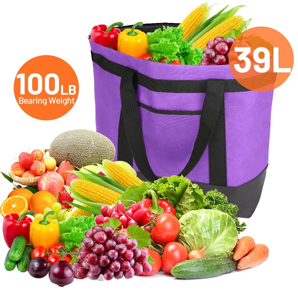 2Pk Insulated Reusable Tote Bag for Grocery Shopping for Women/Men, Pizza/Food Delivery Bag to Keep Food Cold/Hot for Uber Eats/Doordash/Grubub, Cooler bags for Travel/Beach/Picnic, Lavender