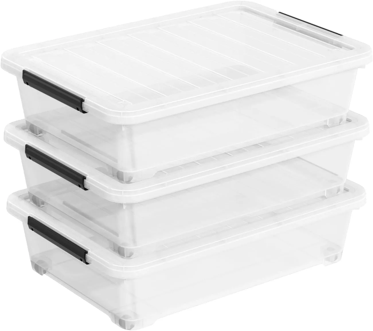 3 Pack 20 Qt Wheeled Latching Storage Box, Stackable Underbed Bin with Latch Lid, Clear