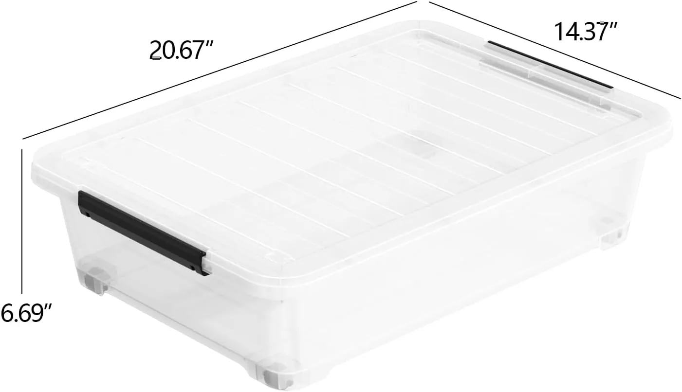 3 Pack 20 Qt Wheeled Latching Storage Box, Stackable Underbed Bin with Latch Lid, Clear