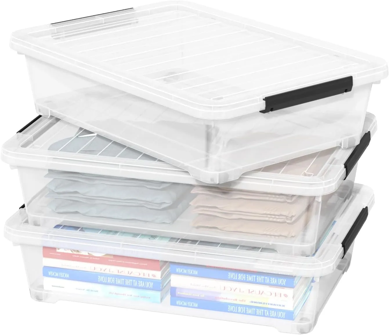 3 Pack 20 Qt Wheeled Latching Storage Box, Stackable Underbed Bin with Latch Lid, Clear