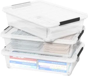 3 Pack 20 Qt Wheeled Latching Storage Box, Stackable Underbed Bin with Latch Lid, Clear