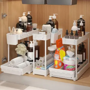 3 Pack Under Sink Organizers and Storage L-Shaped, 2 Tier Sliding Bathroom Organizers with Hooks Hanging Cup, Multi-purpose Cabinet Organizers for Kitchen Bathroom, White