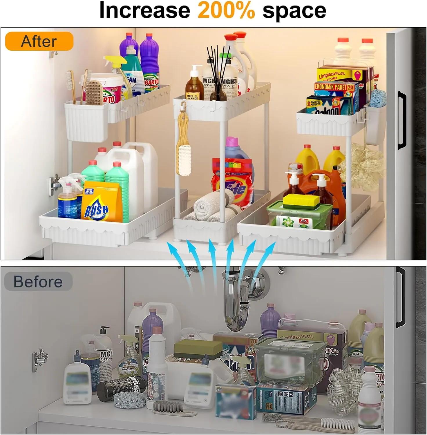 3 Pack Under Sink Organizers and Storage L-Shaped, 2 Tier Sliding Bathroom Organizers with Hooks Hanging Cup, Multi-purpose Cabinet Organizers for Kitchen Bathroom, White
