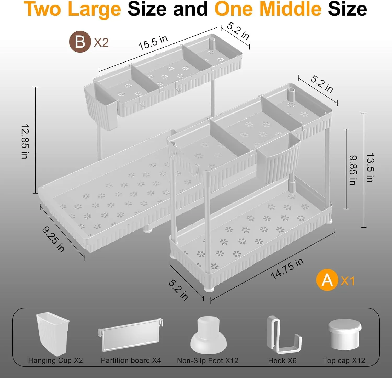 3 Pack Under Sink Organizers and Storage L-Shaped, 2 Tier Sliding Bathroom Organizers with Hooks Hanging Cup, Multi-purpose Cabinet Organizers for Kitchen Bathroom, White