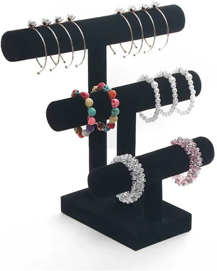 3 Tier Black Velvet Detachable Bracelet Chain Watch T-Bar Rack Jewelry Organizer Hard Display Jewelry Display (D 30 * 29.5 * 17cm)