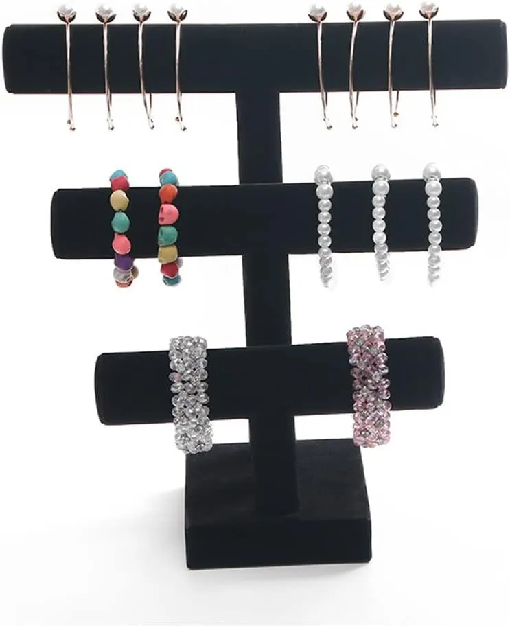 3 Tier Black Velvet Detachable Bracelet Chain Watch T-Bar Rack Jewelry Organizer Hard Display Jewelry Display (D 30 * 29.5 * 17cm)
