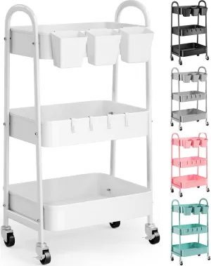 3 Tier Heavy Duty White Metal Rolling Cart with Lockable Wheels, Three Tier Roller Book Snack Cart, Utility Storage Organizer Carts for Kitchen, Bathroom, Garage, Baby Diaper, Craft, Art, Teacher